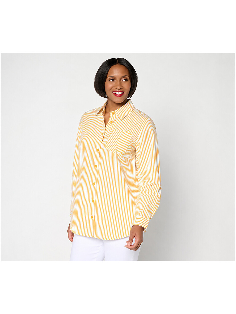 Joan Rivers Regular Seersucker Boyfriend Shirt w/ Button Side Mango Mojito, 3X